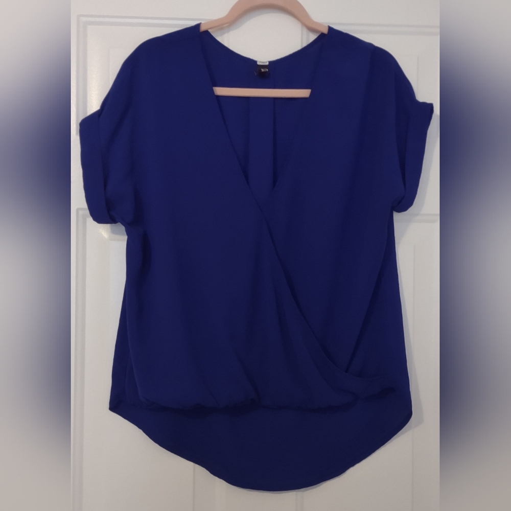 Windsor Royal Blue Medium Wrap-Front Cuffed Short Sleeve Blouse